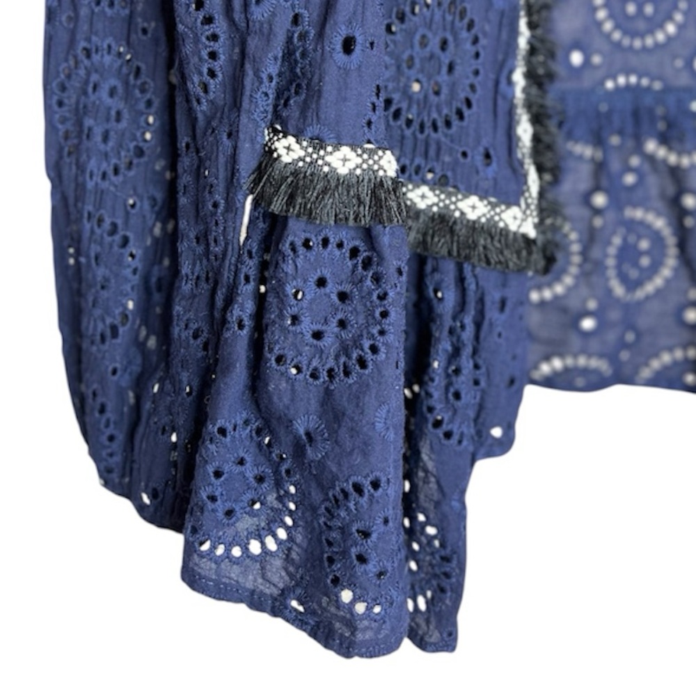 Suzanne Betro Women’s Dark Navy Eyelet Fringe Accents Open Front Cardigan SZ M - Picture 9 of 9